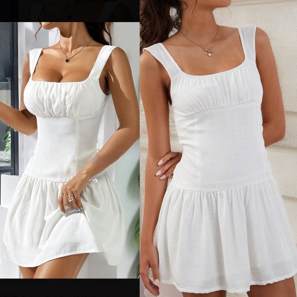 Ruched bust drop waist square neck mini white dress - Picture 1 of 4